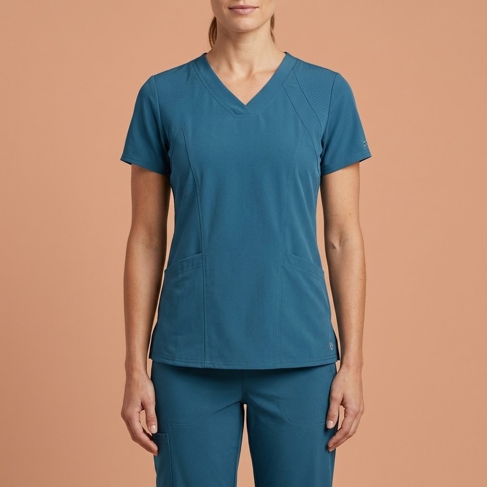 Barco One 4-Pocket Perforated V-Neck Scrub Top Womens XS Teal Blue EUC